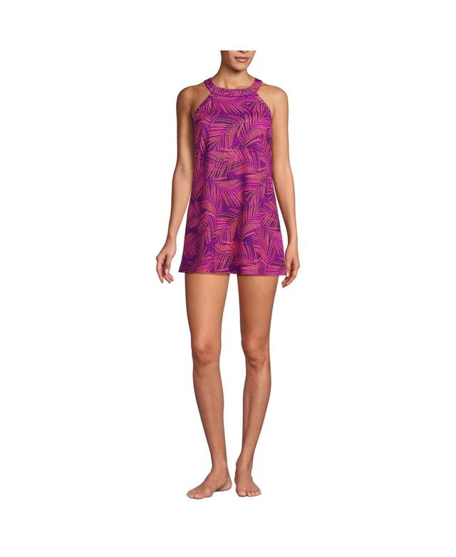 Womens Lands End UPF 50 High Neck One-Piece Swim Dress Purple Stipple Palm Product Image