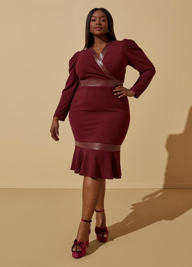 Plus Size Flounced Faux Leather Trim Dress Ashley Stewart Product Image