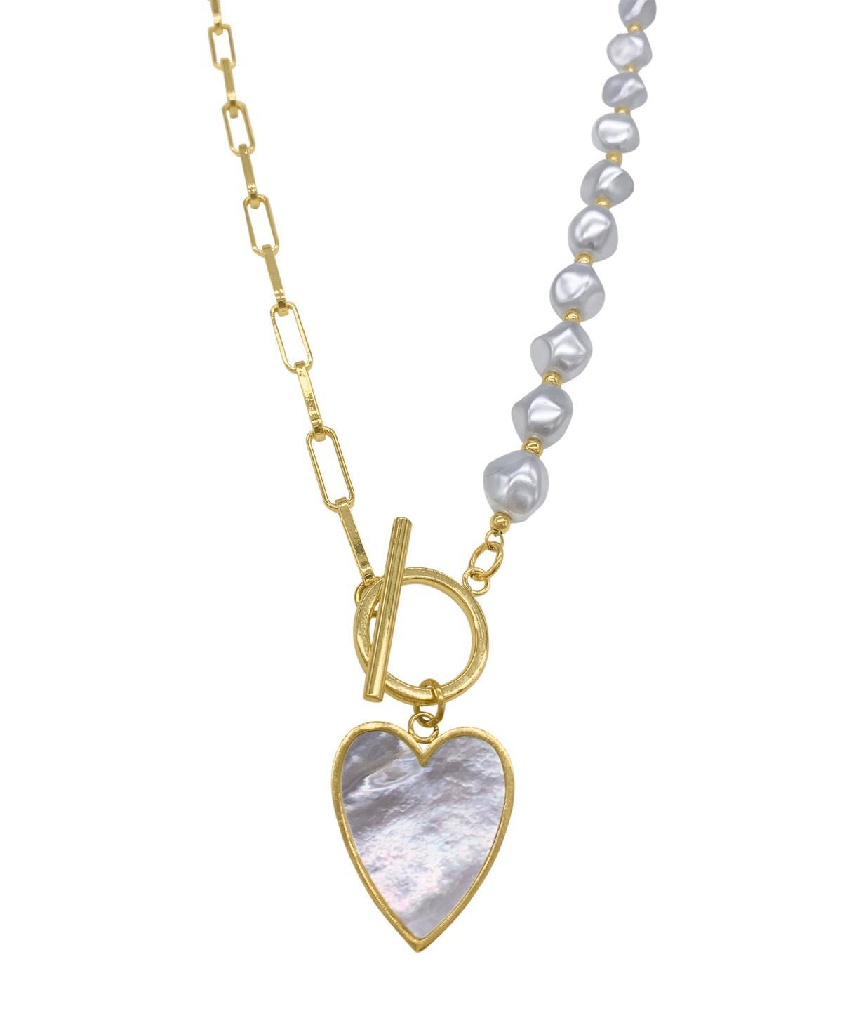 Imitation Pearl and Chain Heart Toggle Necklace - Yellow Gold-Tone Product Image