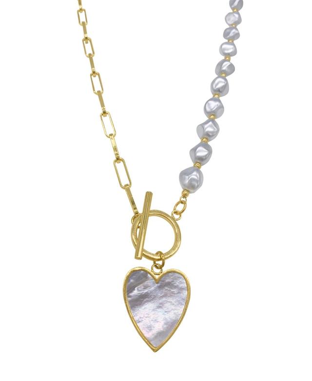 Imitation Pearl and Chain Heart Toggle Necklace - Yellow Gold-Tone Product Image