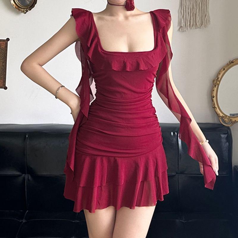 Sleeveless Square Neck Plain Ruffle Asymmetrical Mini A-Line Dress Product Image