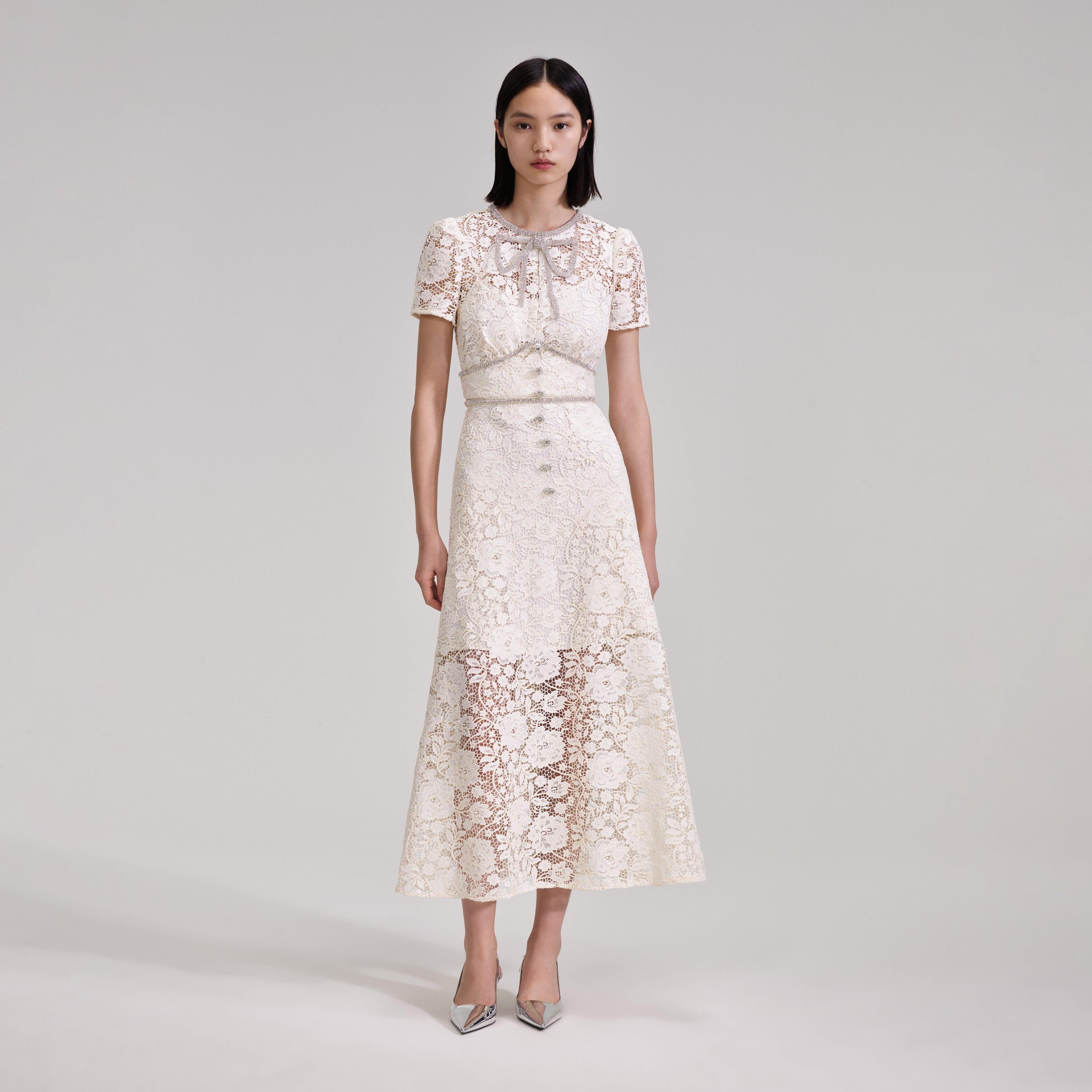 Cream Cord Lace Bow Midi Dress Product Image