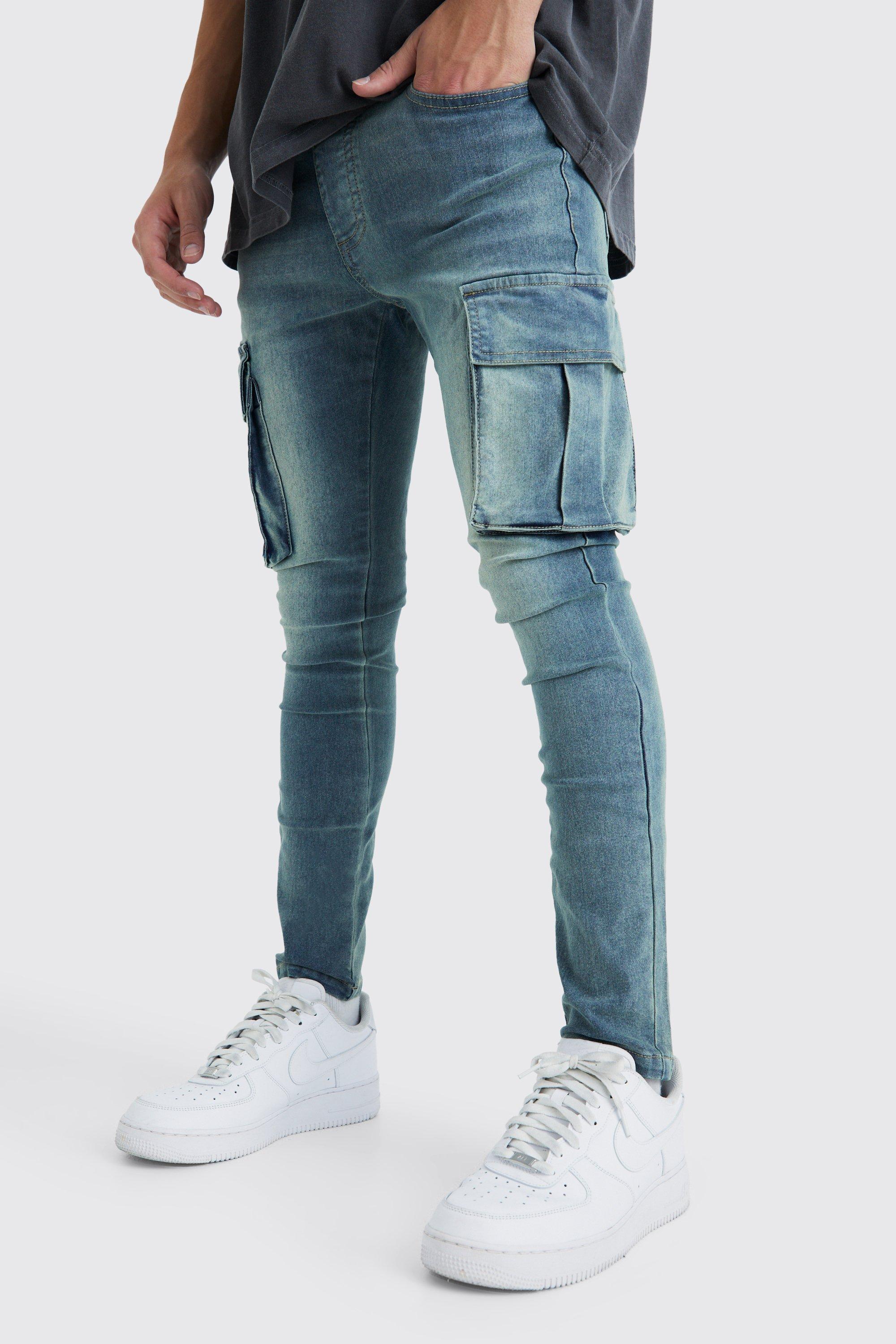 Mens Blue Super Skinny Cargo Jeans, Blue Product Image