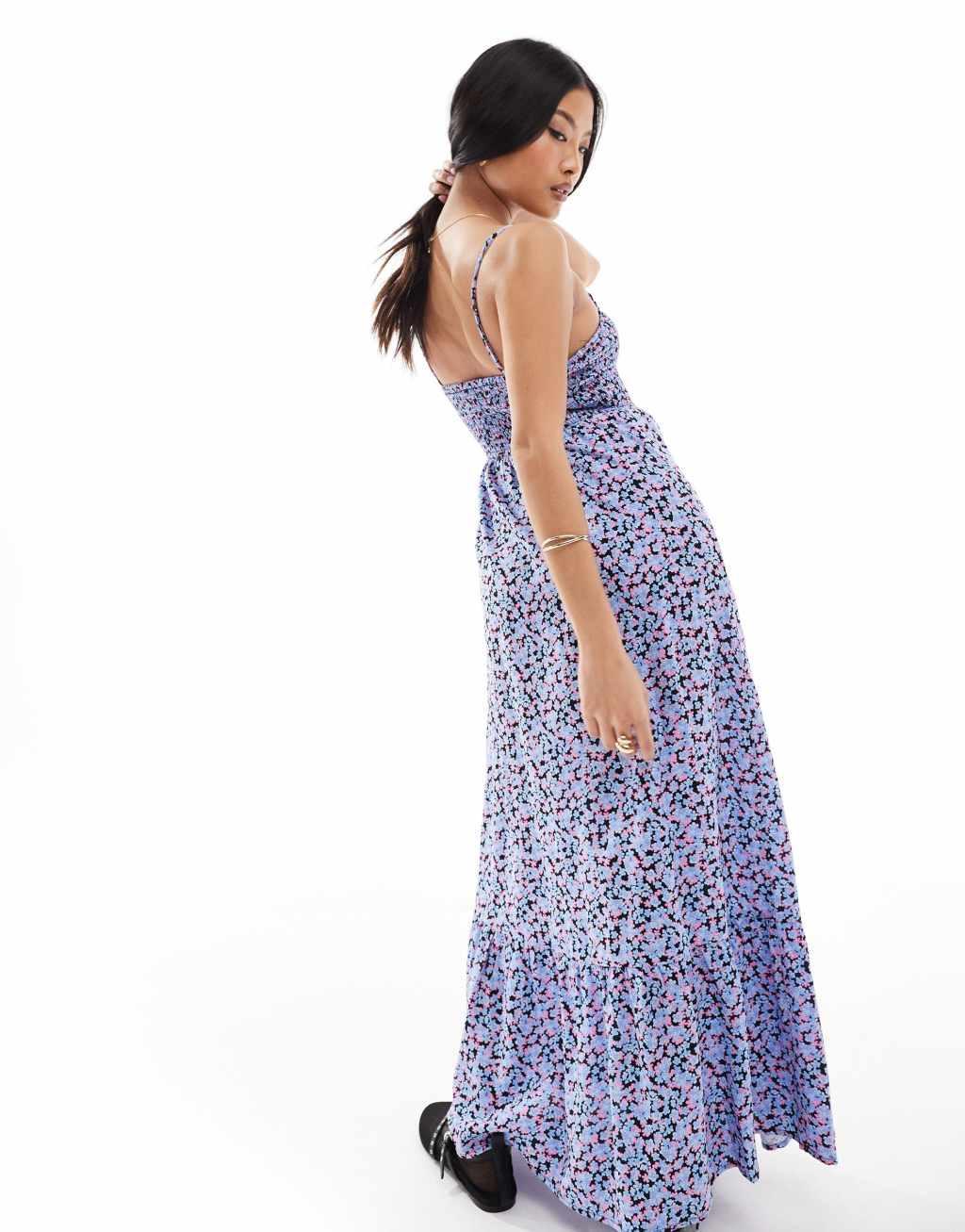 Vero Moda Petite smocked bust maxi dress in blue floral print Product Image