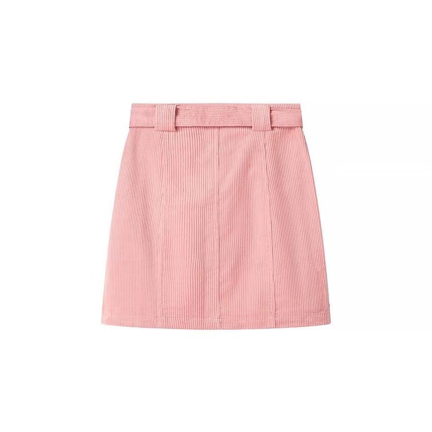 High Rise Plain Belted Corduroy Mini A-Line Skirt Product Image