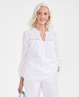 Women's Cotton Eyelet Split-Neck Top, Created for Macy's Product Image