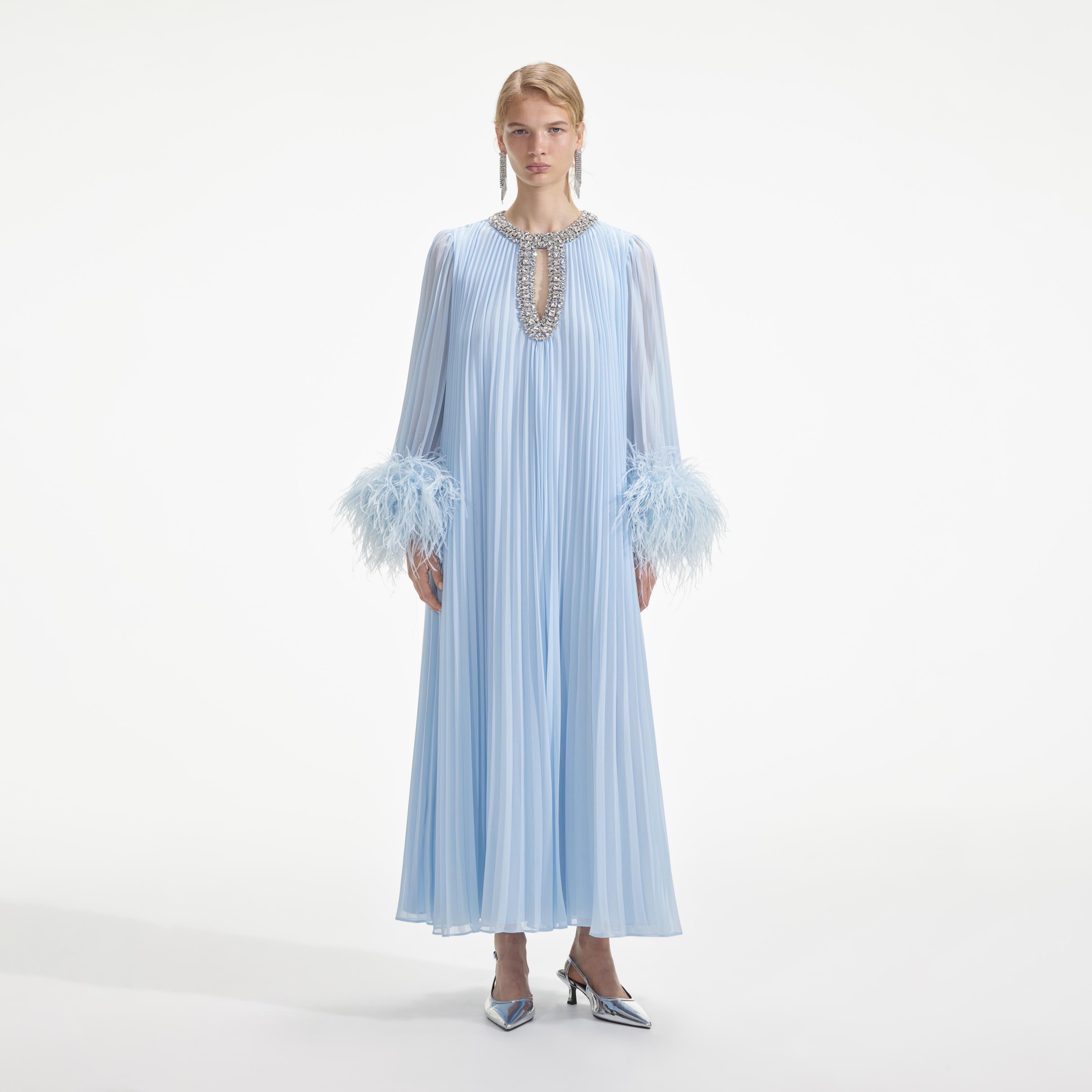 Blue Chiffon Feather Midi Dress Product Image