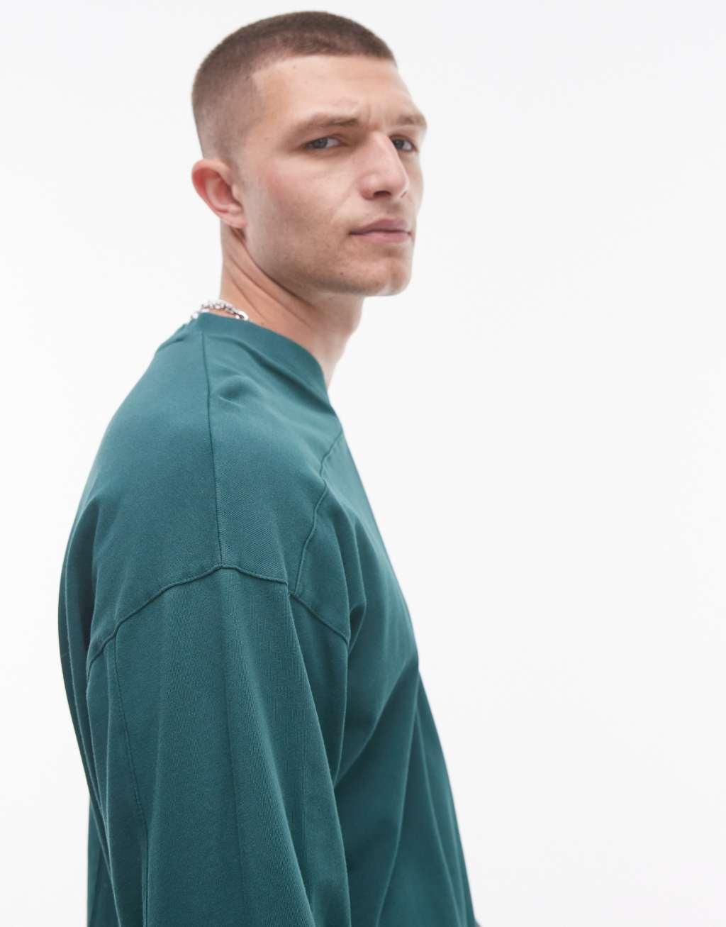 Topman v neck long sleeve washed t-shirt in green Product Image