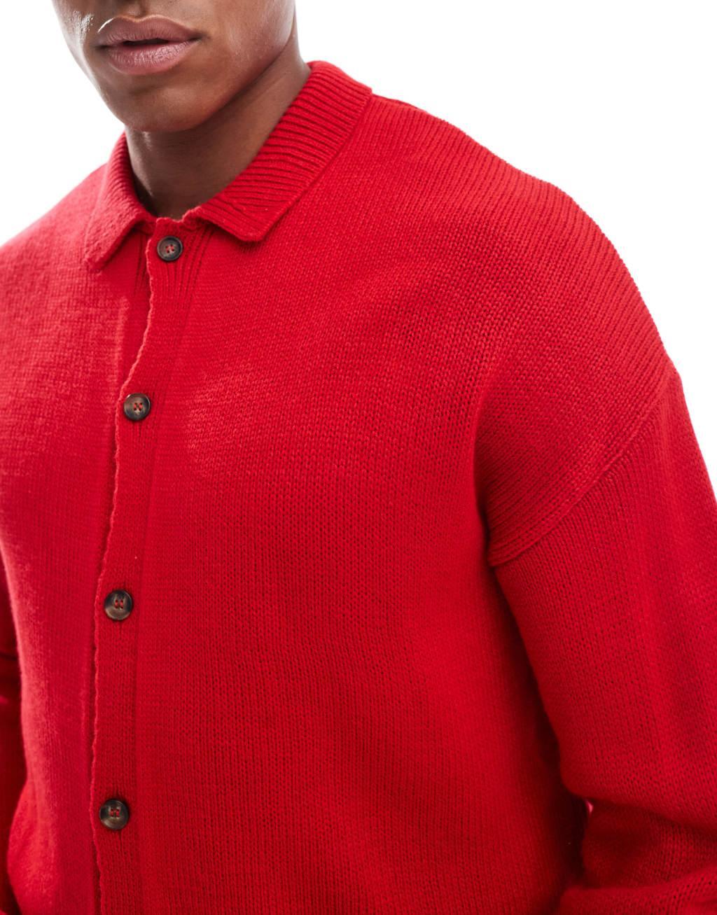 ASOS DESIGN relaxed boxy fit knitted cardigan with collar in red Product Image