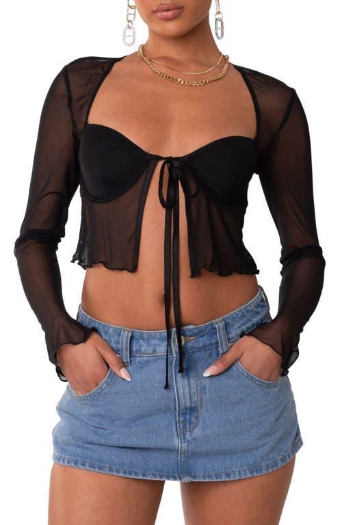 EDIKTED Mesh Long Sleeve Bra Top in Black at Nordstrom, Size X-Large Product Image