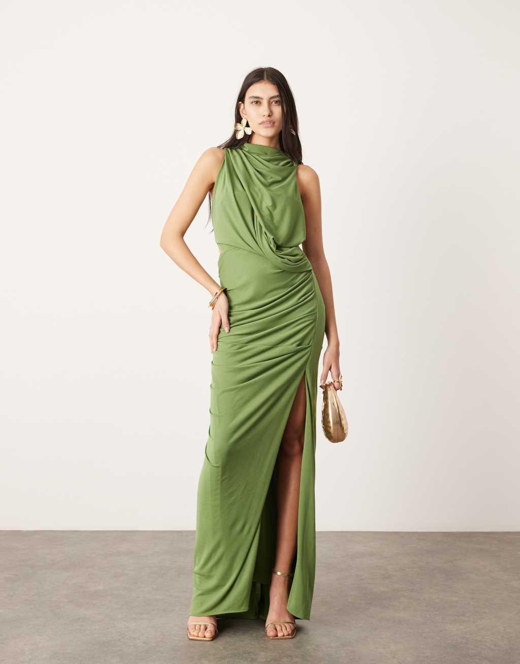 ASOS EDITION sleeveless drape detail maxi dress with plate trim in green product image