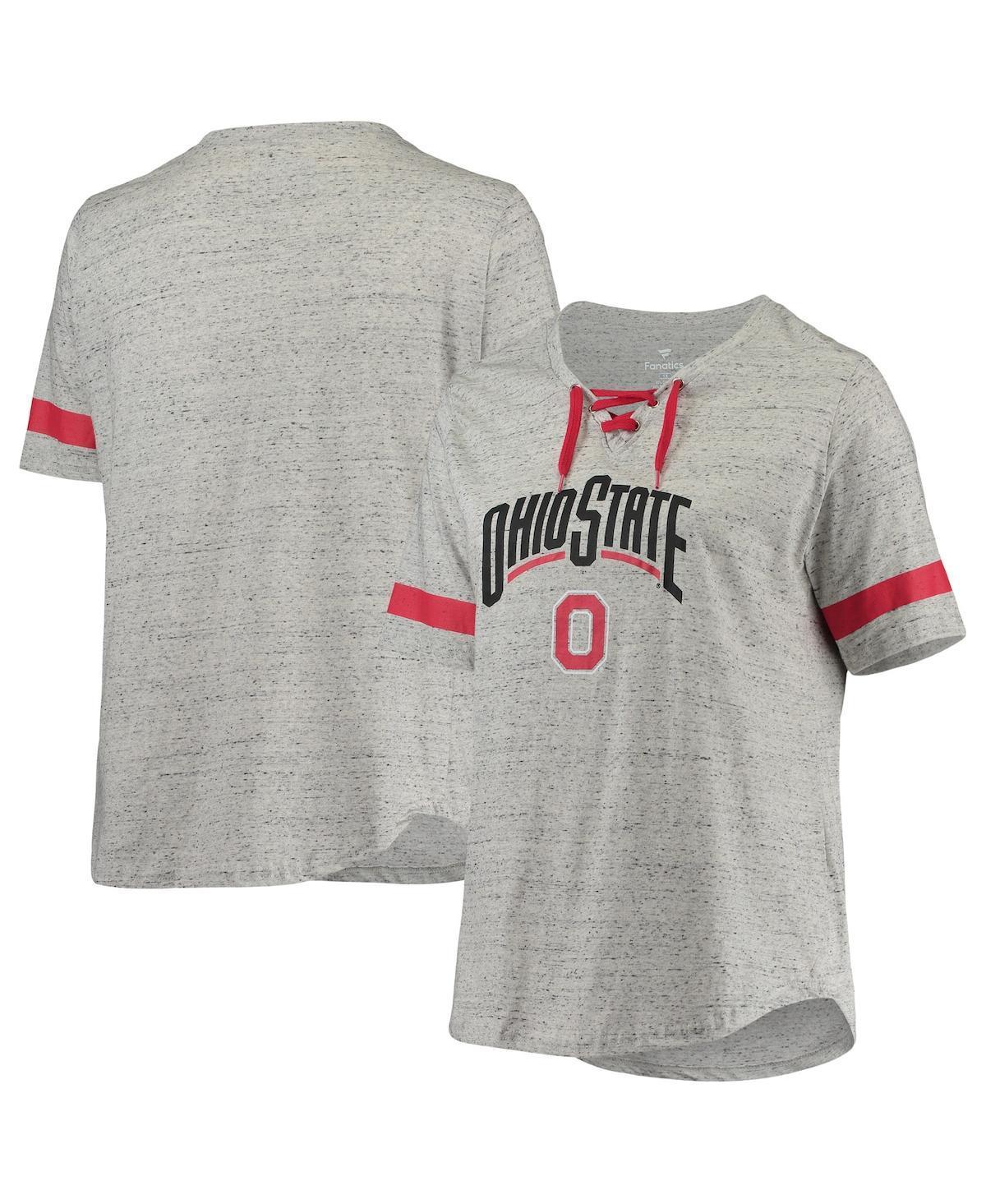 Womens Heathered Gray/Scarlet Ohio State Buckeyes Plus Size Lace-Up V-Neck T-Shirt Product Image