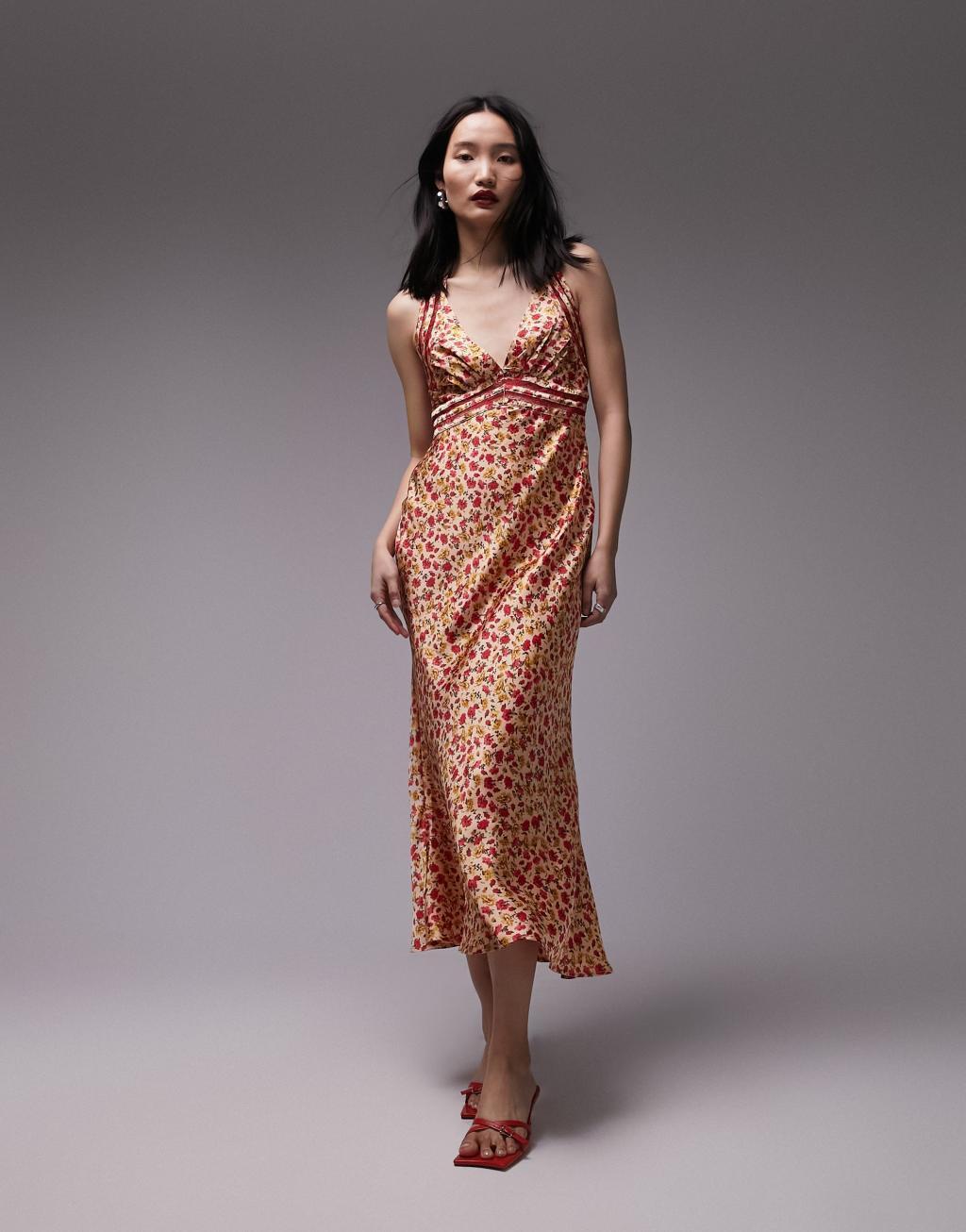 Topshop satin slip dress with lace insert in orange print Product Image