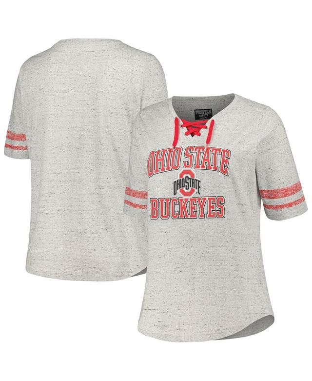 Womens Profile Heather Gray Ohio State Buckeyes Plus Size Striped Lace-Up T-Shirt Product Image