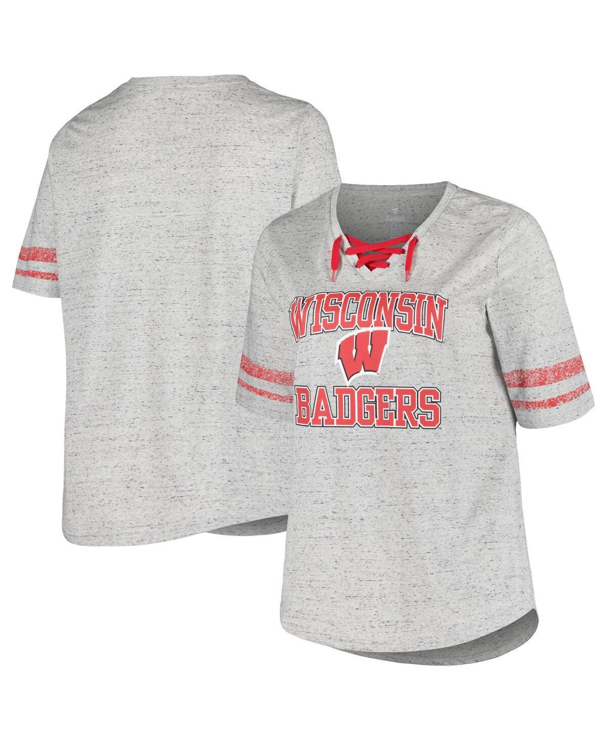 Womens Profile Heather Gray Wisconsin Badgers Plus Size Striped Lace-Up T-Shirt Product Image