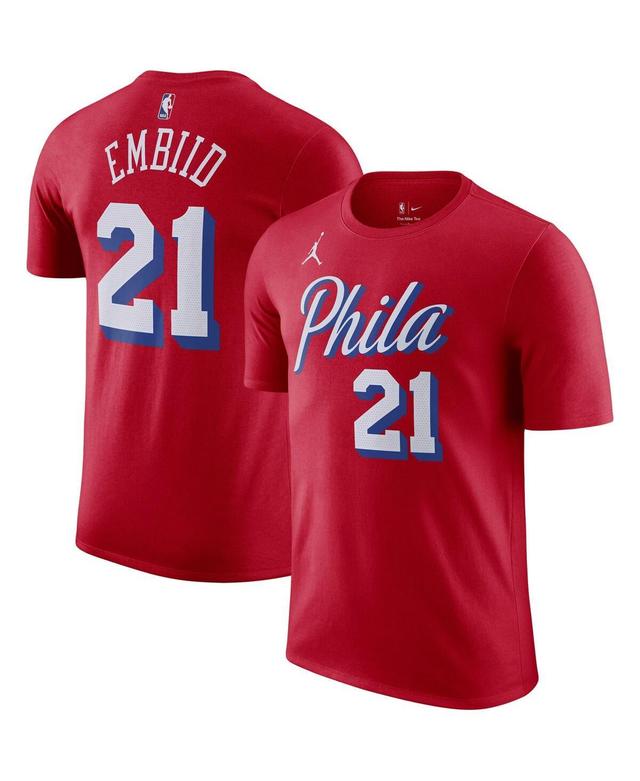 Mens Jordan Joel Embiid Red Philadelphia 76ers 2022/23 Statement Edition Name and Number T-shirt Product Image