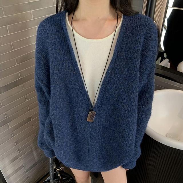 Mock Two-Piece Round Neck Two Tone Oversized Sweater Product Image