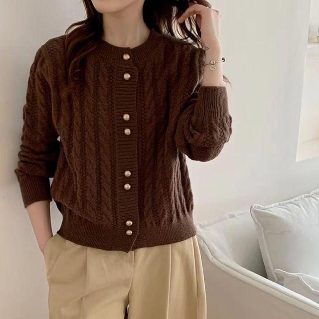 Crew Neck Plain Cable Knit Button-Up Cardigan Product Image