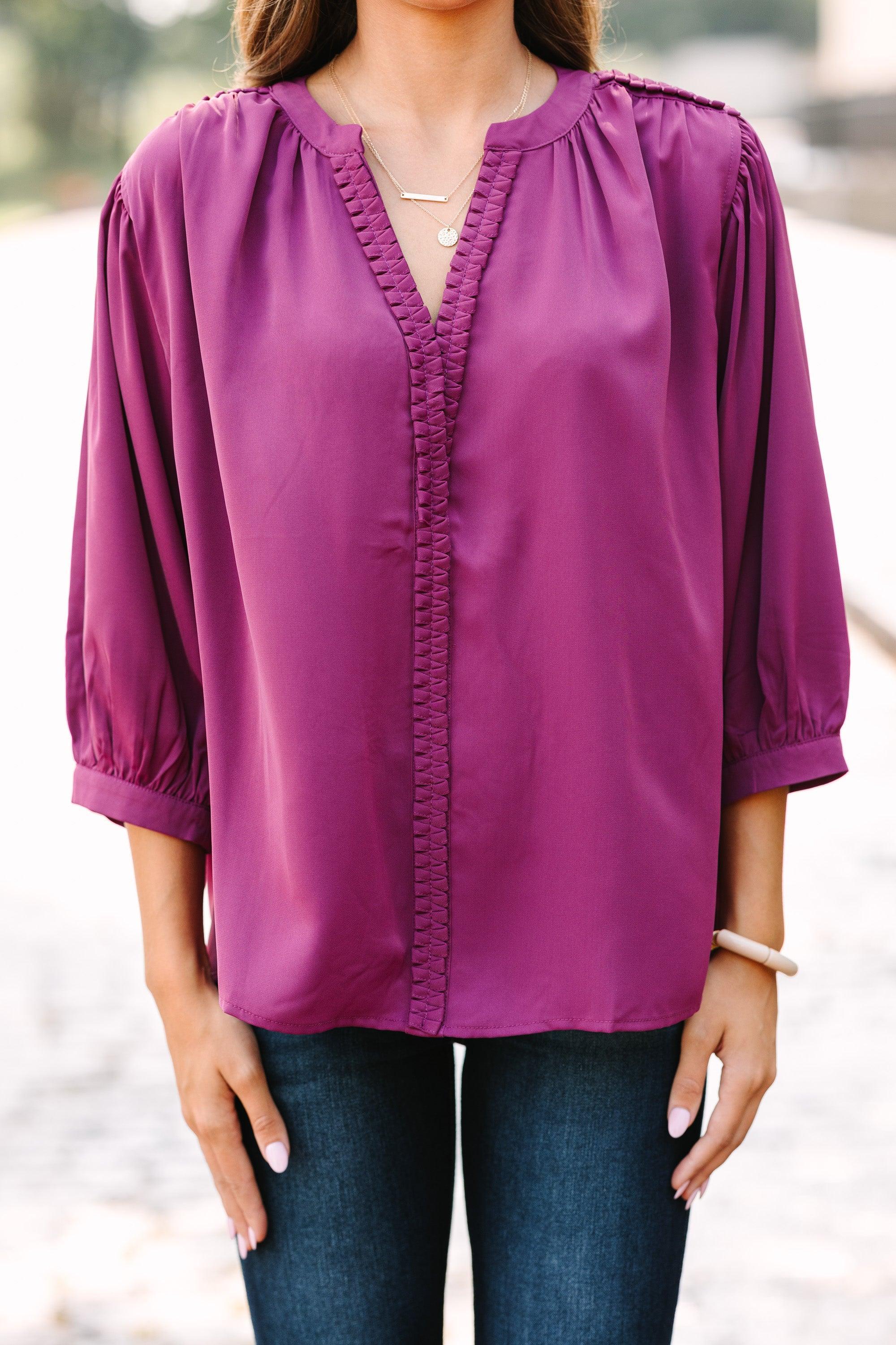 Easy Days Ahead Plum Purple Textured Trim Blouse Female Product Image