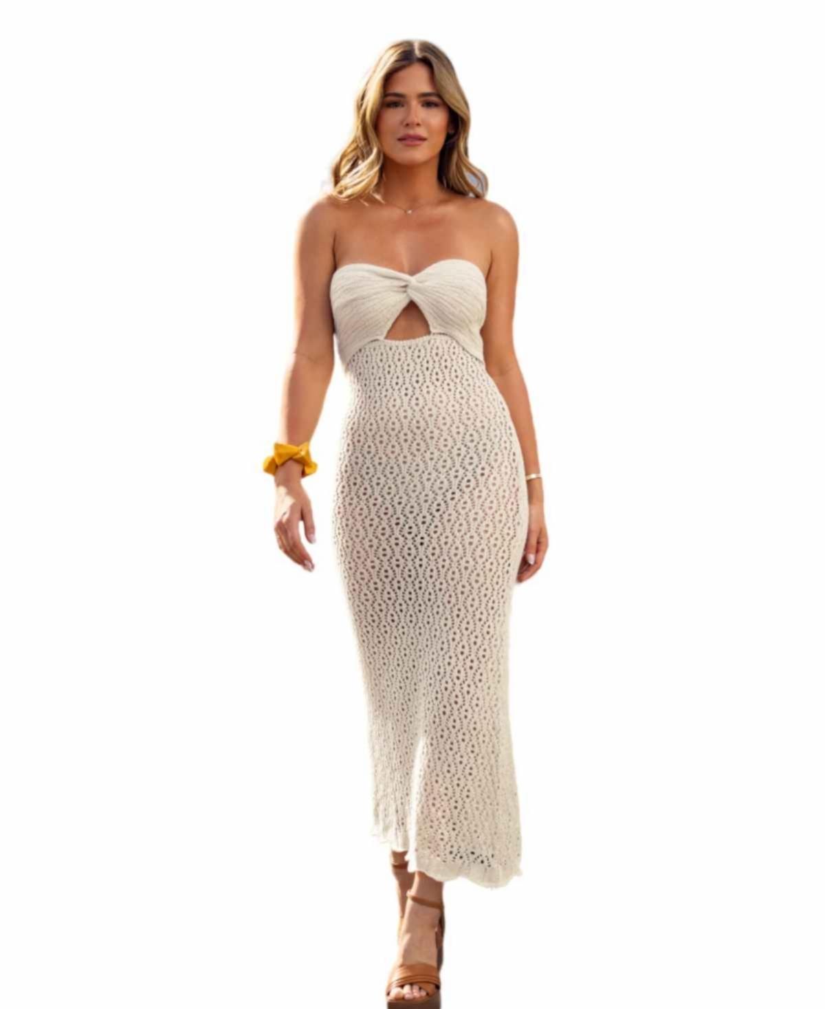 Cupshe Womens X JoJo Crochet Sweetheart Twist Cutout Midi Beach Dress - Beige Product Image