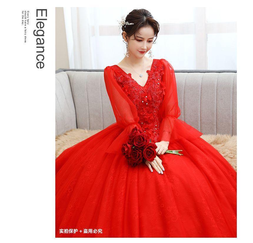 Long-Sleeve Plain Sequin Ball Gown Product Image