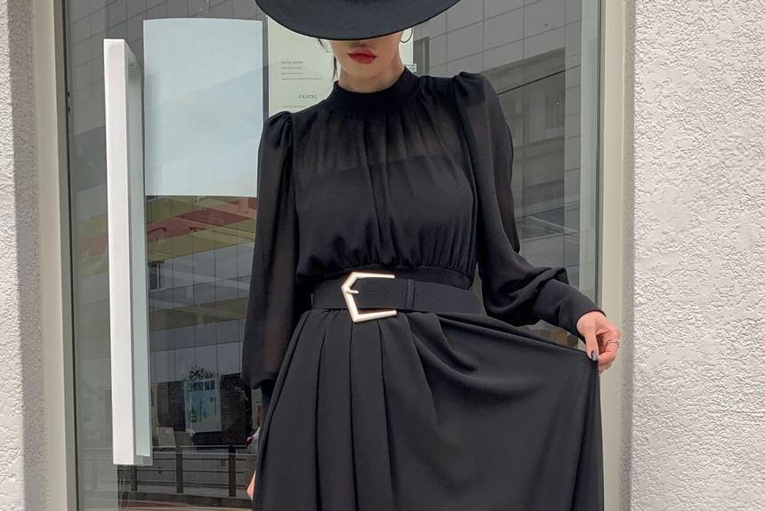 Set: Long-Sleeve See-Through Pleated Midi Dress + Belt Product Image