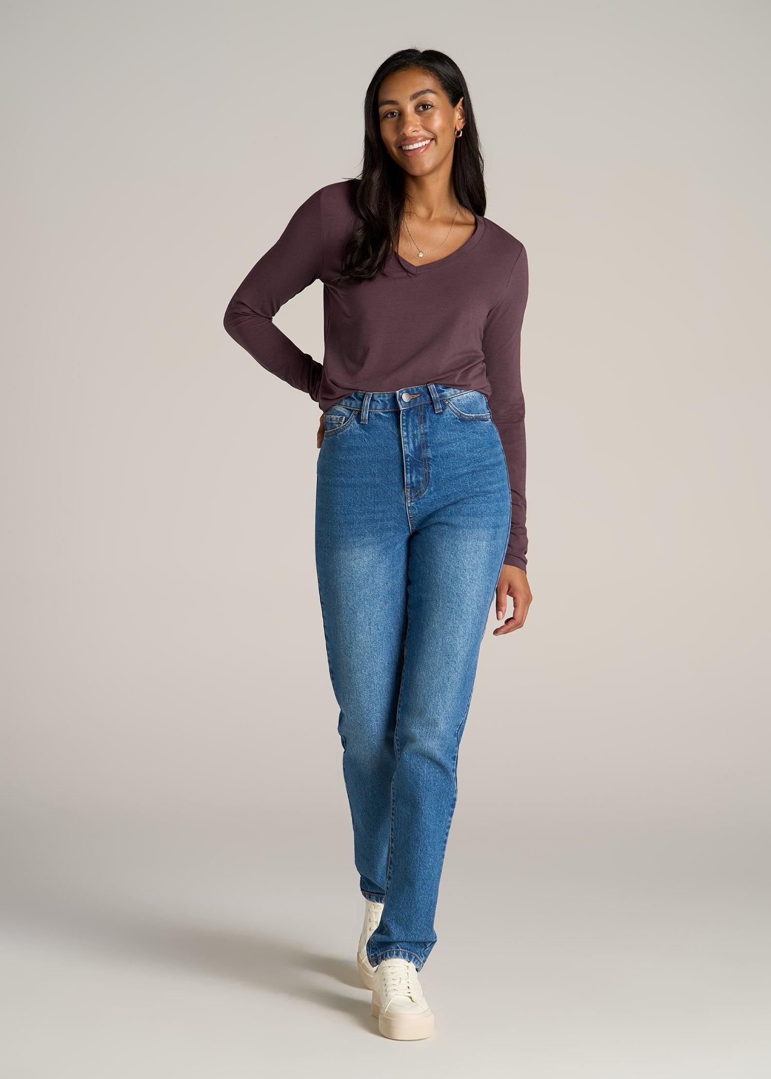 Long Sleeve Scoop V-Neck Tee Shirt for Tall Women in Merlot Female Product Image