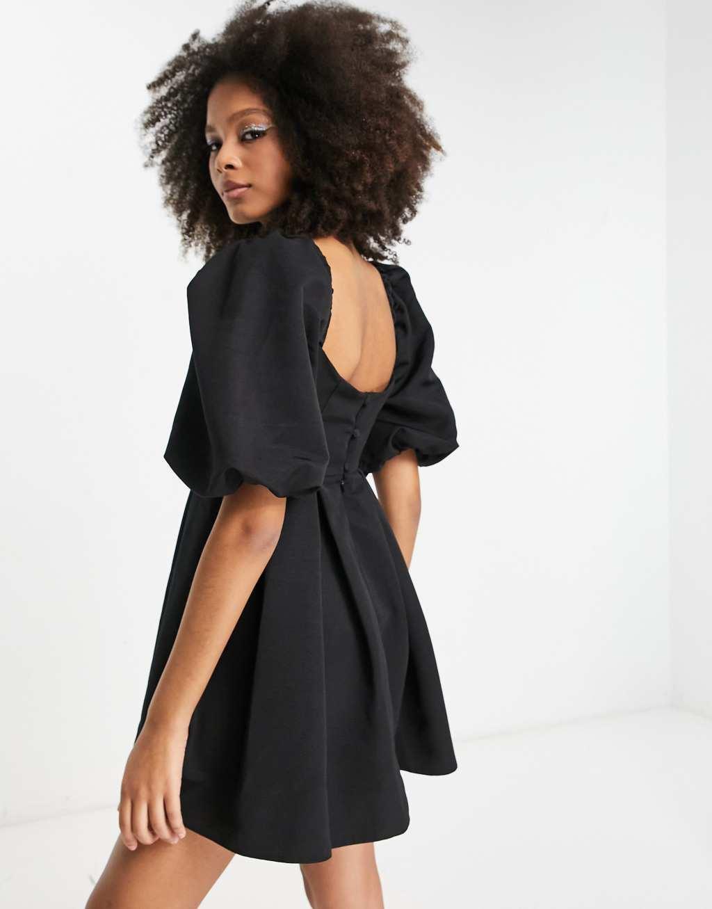 ASOS DESIGN structured prom mini dress with curved neckline detail in black Product Image