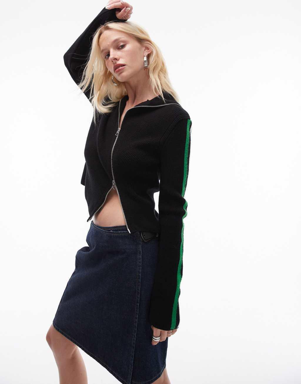 Topshop knit diagonal zip cardigan in black and green Product Image