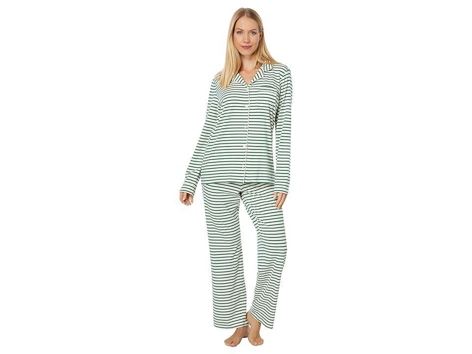 L.L.Bean Super Soft Shrink-Free Button Front Pajama Set Stripe (Deep Coral) Women's Pajama Sets Product Image