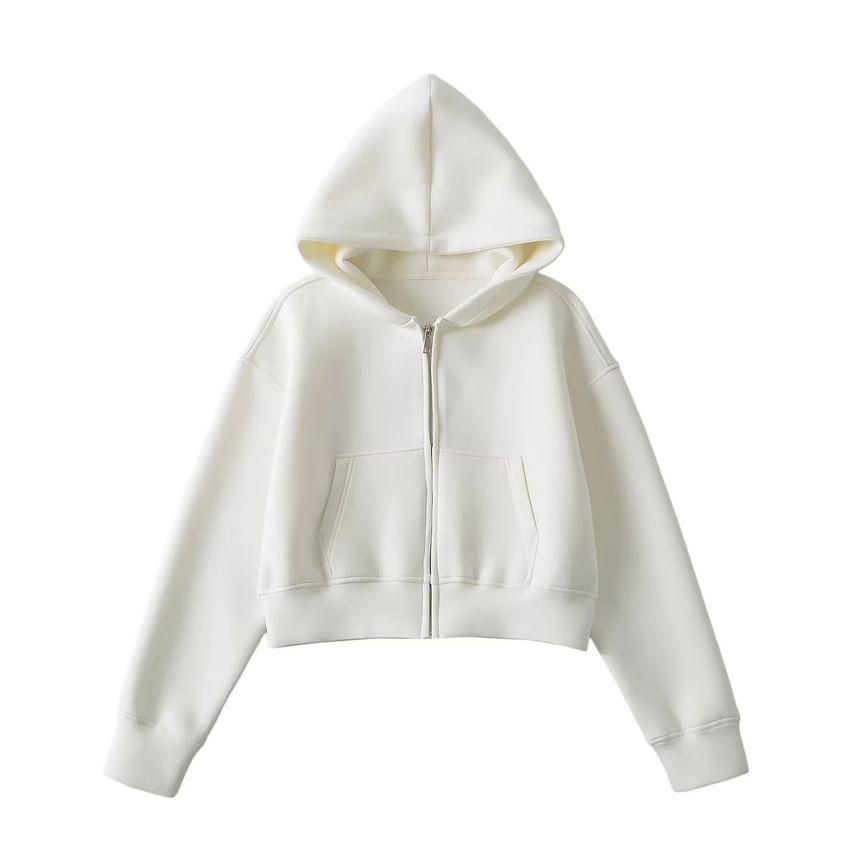 Drop Shoulder Plain Zip Up Cropped Hoodie Product Image