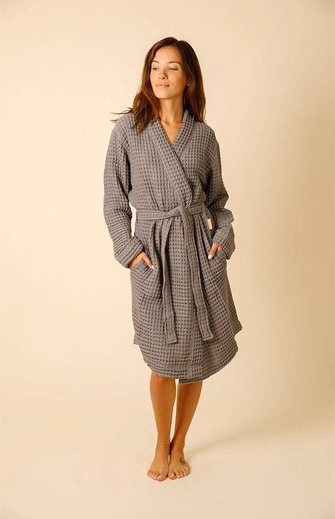 Happy Place Women's Organic The Weightless Gray Black Waffle Robe in Grey/Black - Product Image