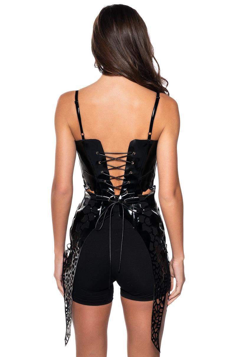 SAFE ON MY OWN VINYL CORSET TOP IN BLACK Product Image