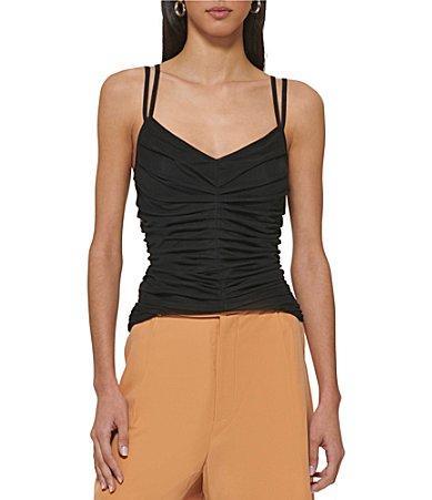 DKNY V-Neck Sleeveless Spaghetti Ruched Detail Mesh Knit Top product image