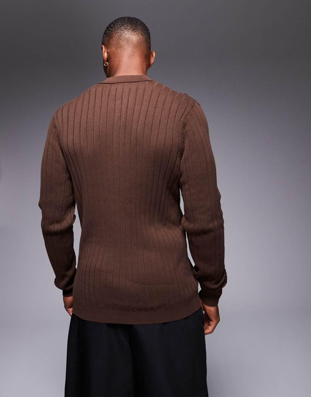 ASOS DESIGN essential muscle fit knitted rib polo neck sweater in brown Product Image