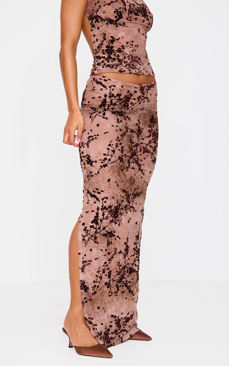 Mauve Floral Print Devore Mesh Ruched Maxi Skirt Product Image