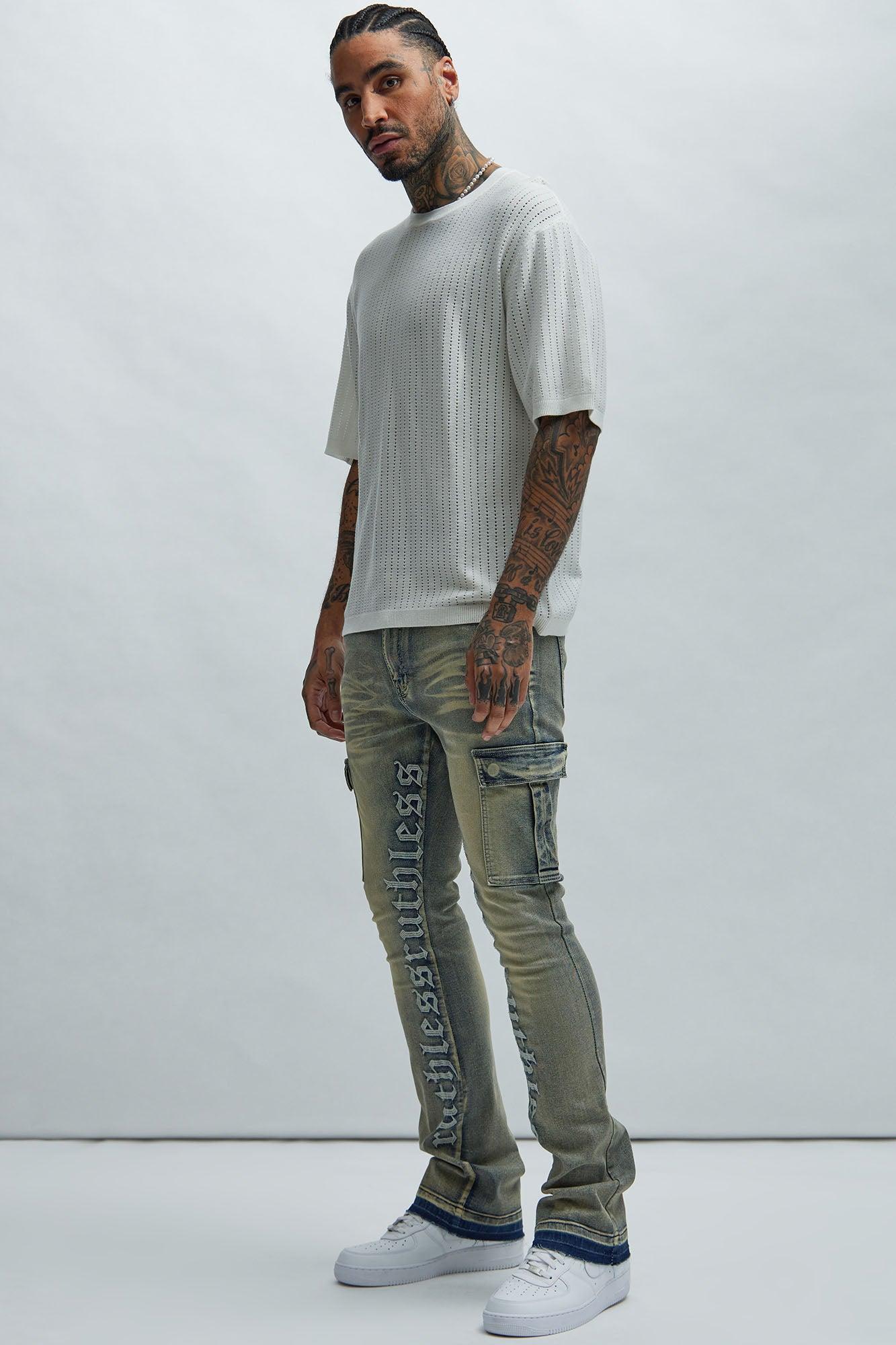 Ruthless Embroidered Stacked Skinny Cargo Flare Jeans - Medium Wash Product Image