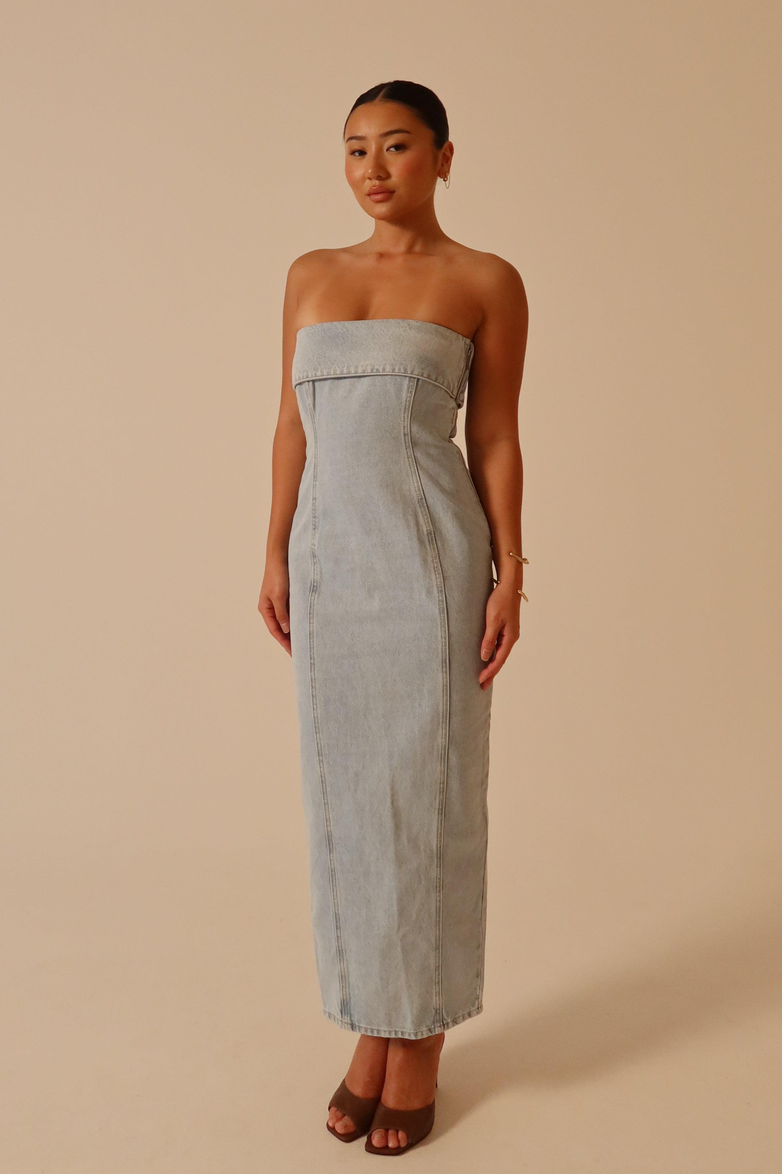 Katherine Strapless Denim Midi Dress - Light Blue Product Image