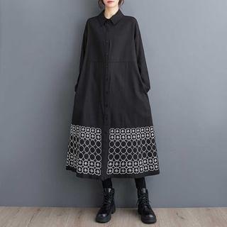 Long Sleeve Embroidered Lapel Neckline Maxi Shirt Dress Product Image