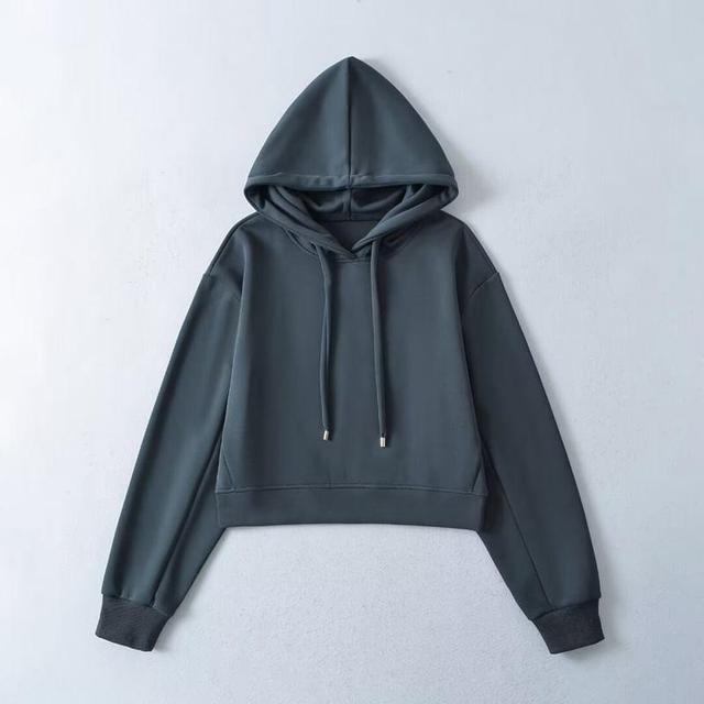 Drop Shoulder Drawstring Crewneck Plain Cropped Hoodie Product Image