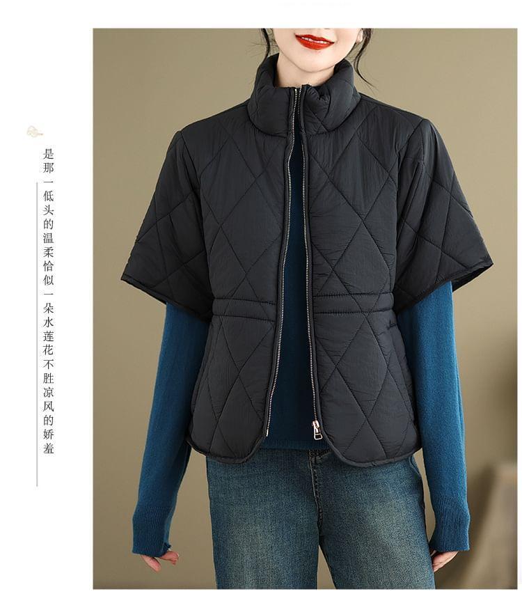 Short Sleeve Stand Collar Plain Quilted Drawstring Waist Zip Jacket Product Image