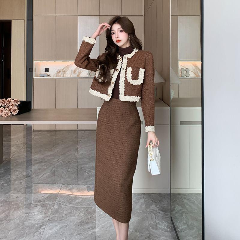 Set: Lace Trim Button-Up Jacket + High Rise Tweed Midi Pencil Skirt Product Image