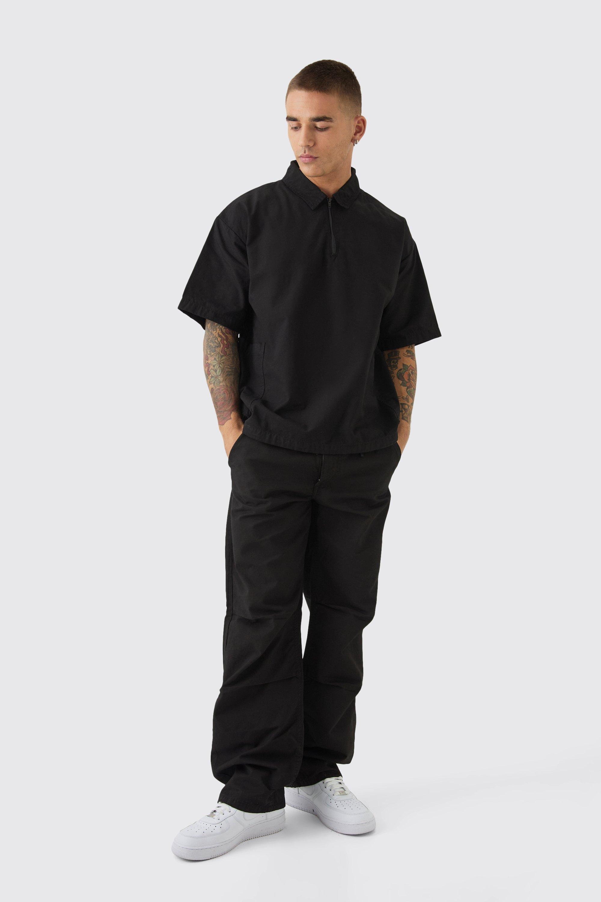 Mens Black Oversized Boxy 1/4 Zip Peached Nylon Shirt & Trouser Set, Black Product Image