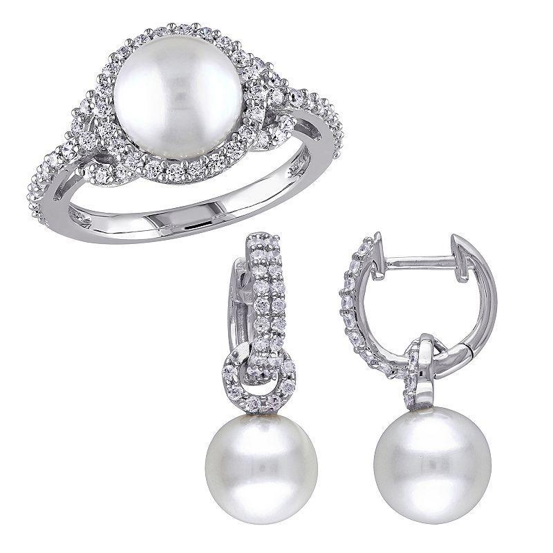 Stella Grace Sterling Silver Freshwater Cultured Pearl & Cubic Zirconia Ring & Earring Set, Womens White Product Image