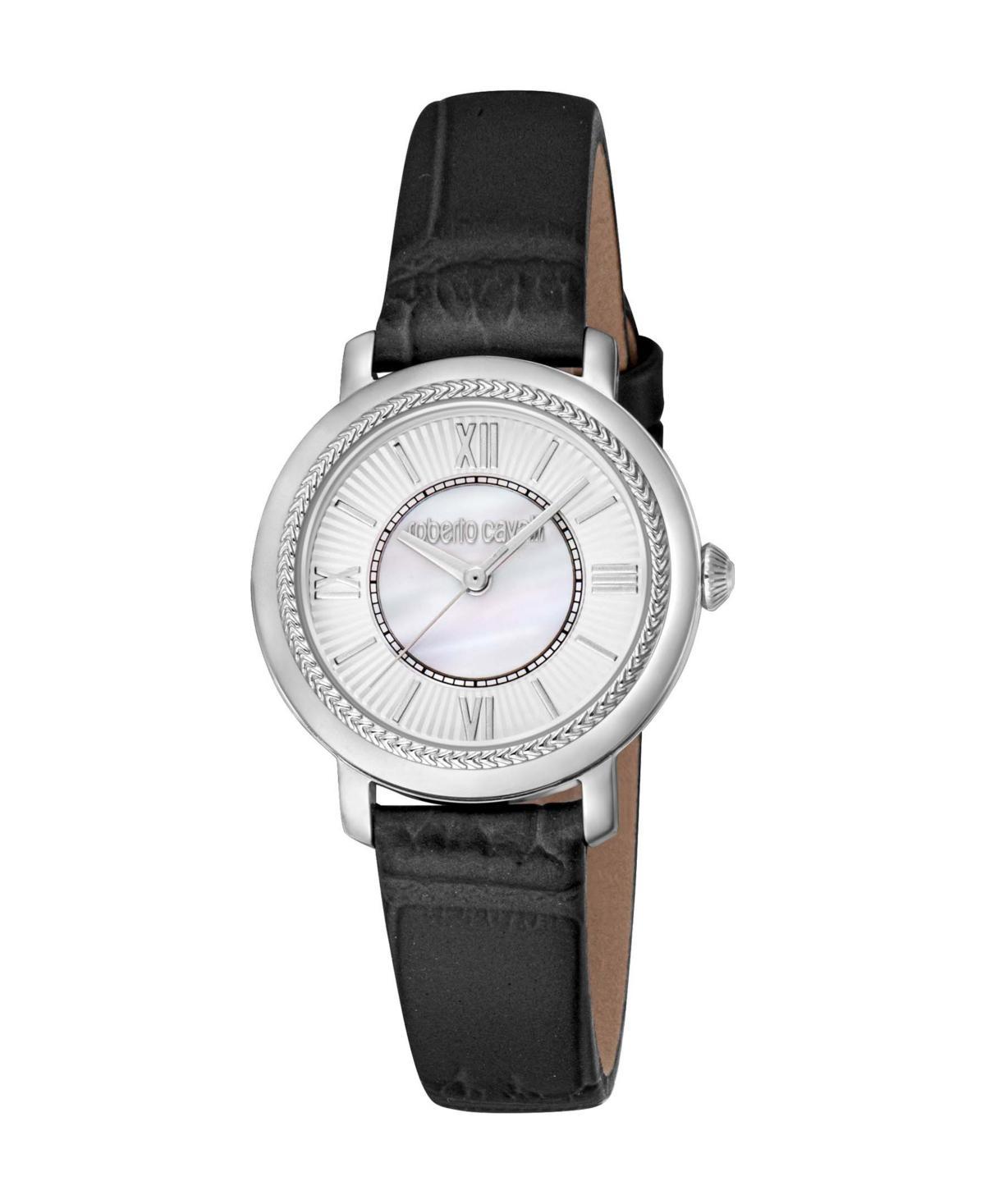 Roberto Cavalli Womens Quartz Black Leather Watch 30mm - Silver Product Image