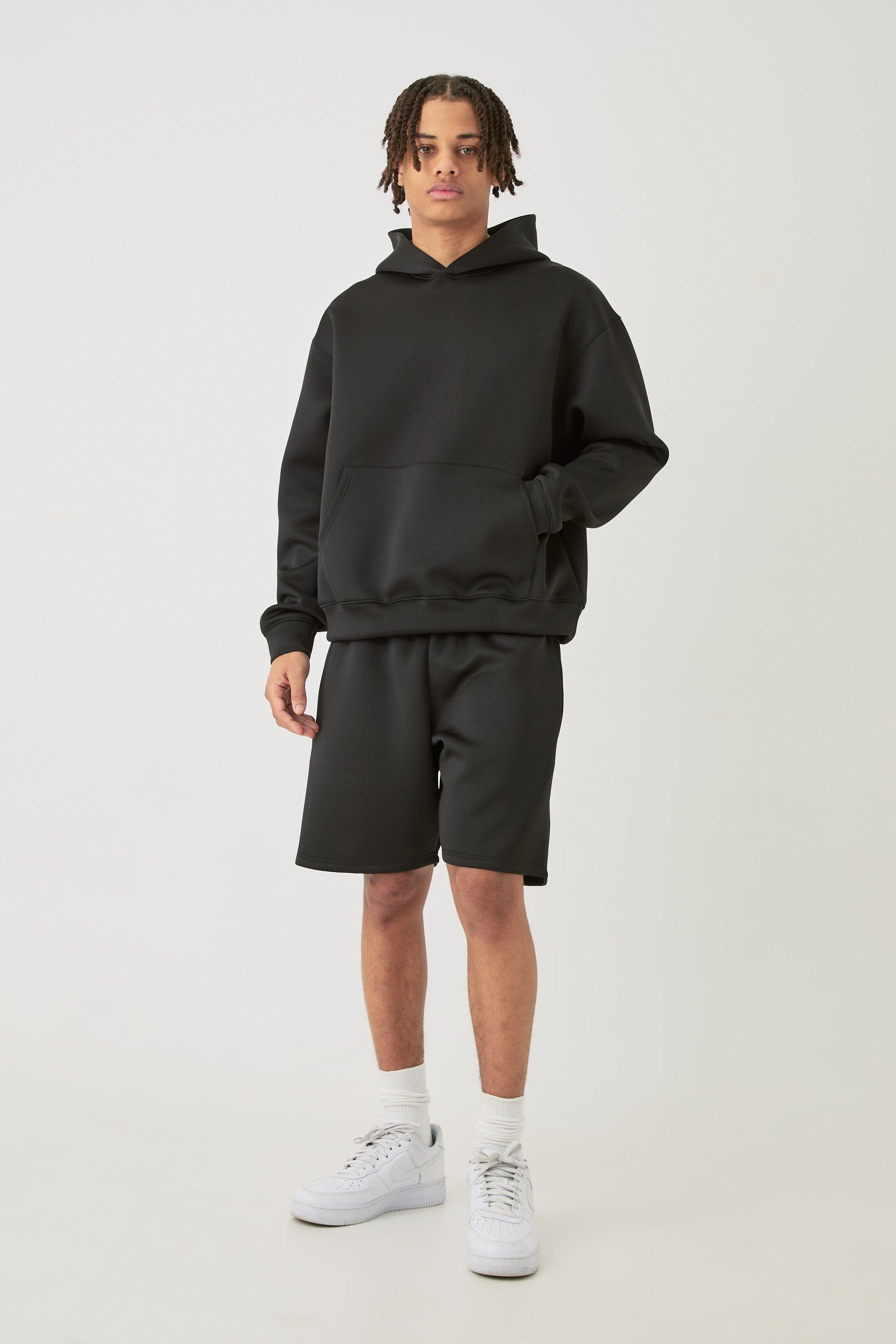 Mens Black Oversized Boxy Bonded Scuba Hooded Short Tracksuit, Black Product Image