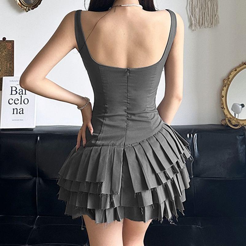 Sleeveless Square-Neck Plain Mini Layered Pleated Dress Product Image