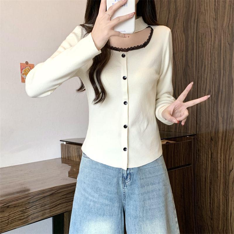 Long-Sleeve Mock Neck Cutout Lace Trim Button Knit Top Product Image