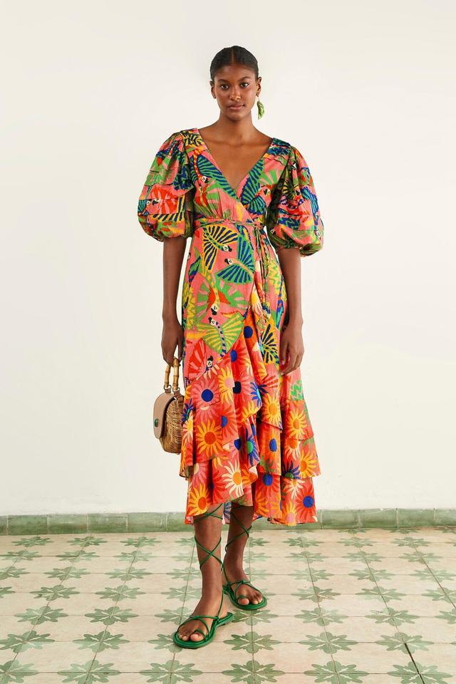 Coral Mixed Graphic Macaws Puff Sleeve Midi Dress Product Image