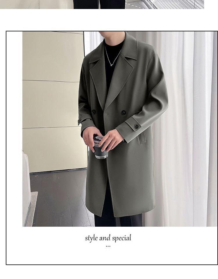 Notch Lapel Plain Double-Breasted Long Trench Coat Product Image